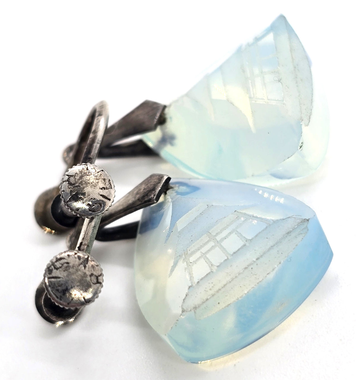 Opalite pagoda carved sterling silver drop screw back vintage earrings