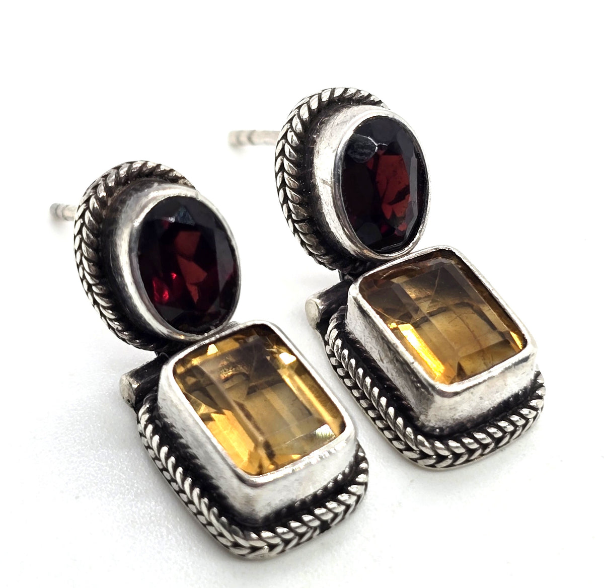 Garnet and citrine sterling silver vintage post gemstone earrings