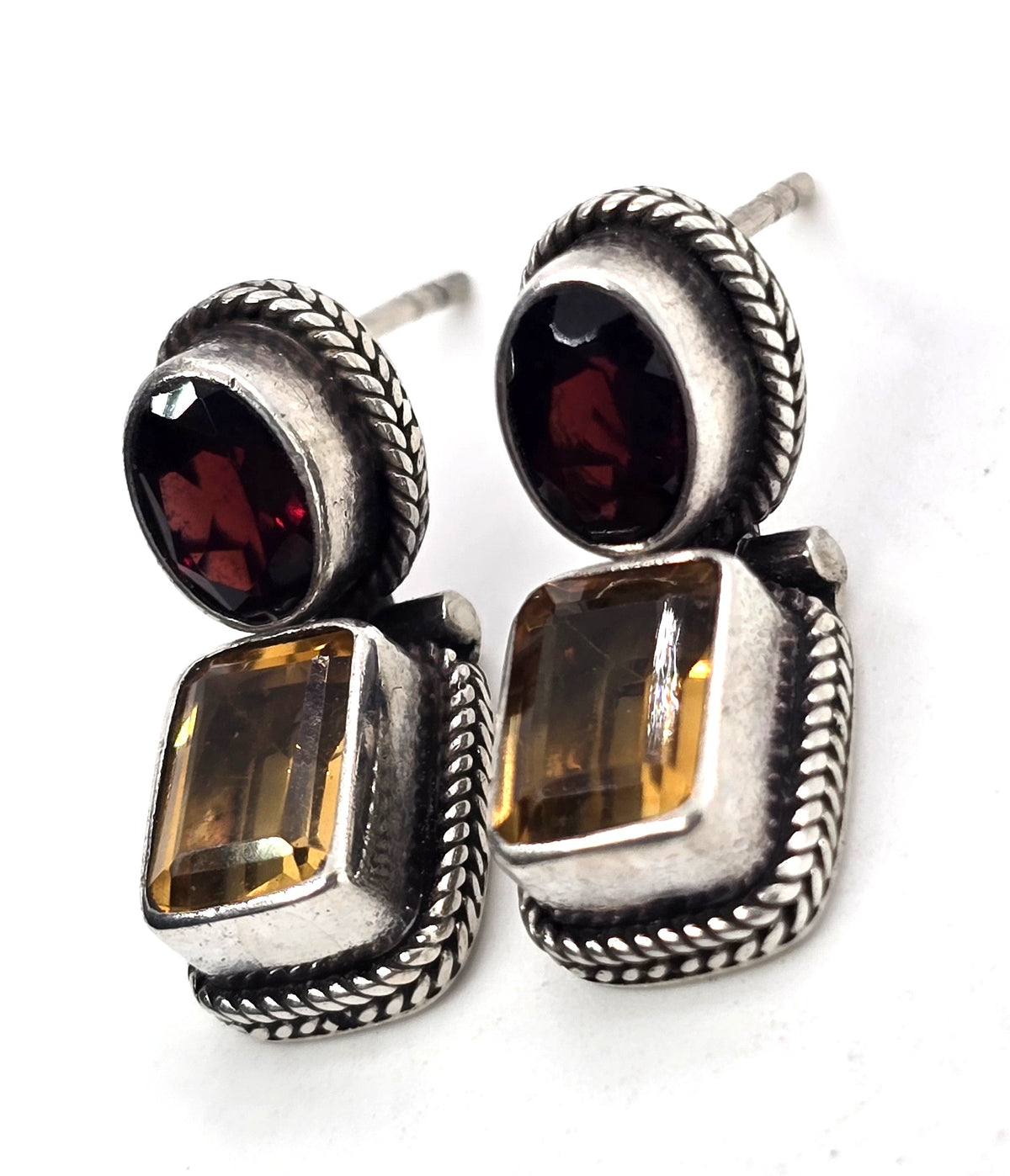 Garnet and citrine sterling silver vintage post gemstone earrings