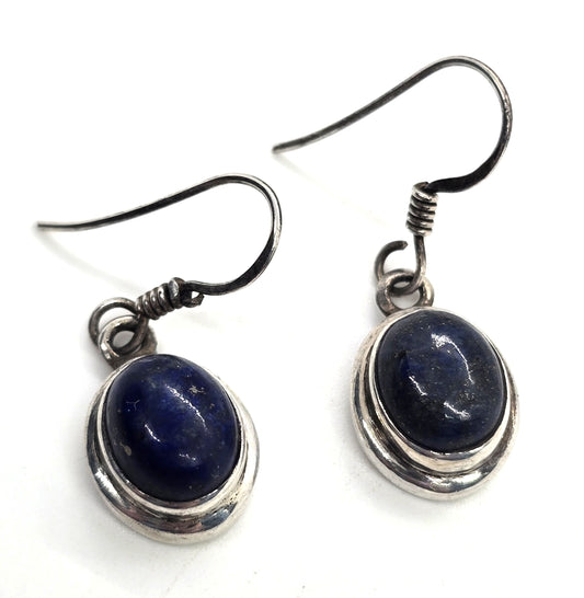 Lapis Lazuli dark blue gemstone sterling silver vintage drop earrings