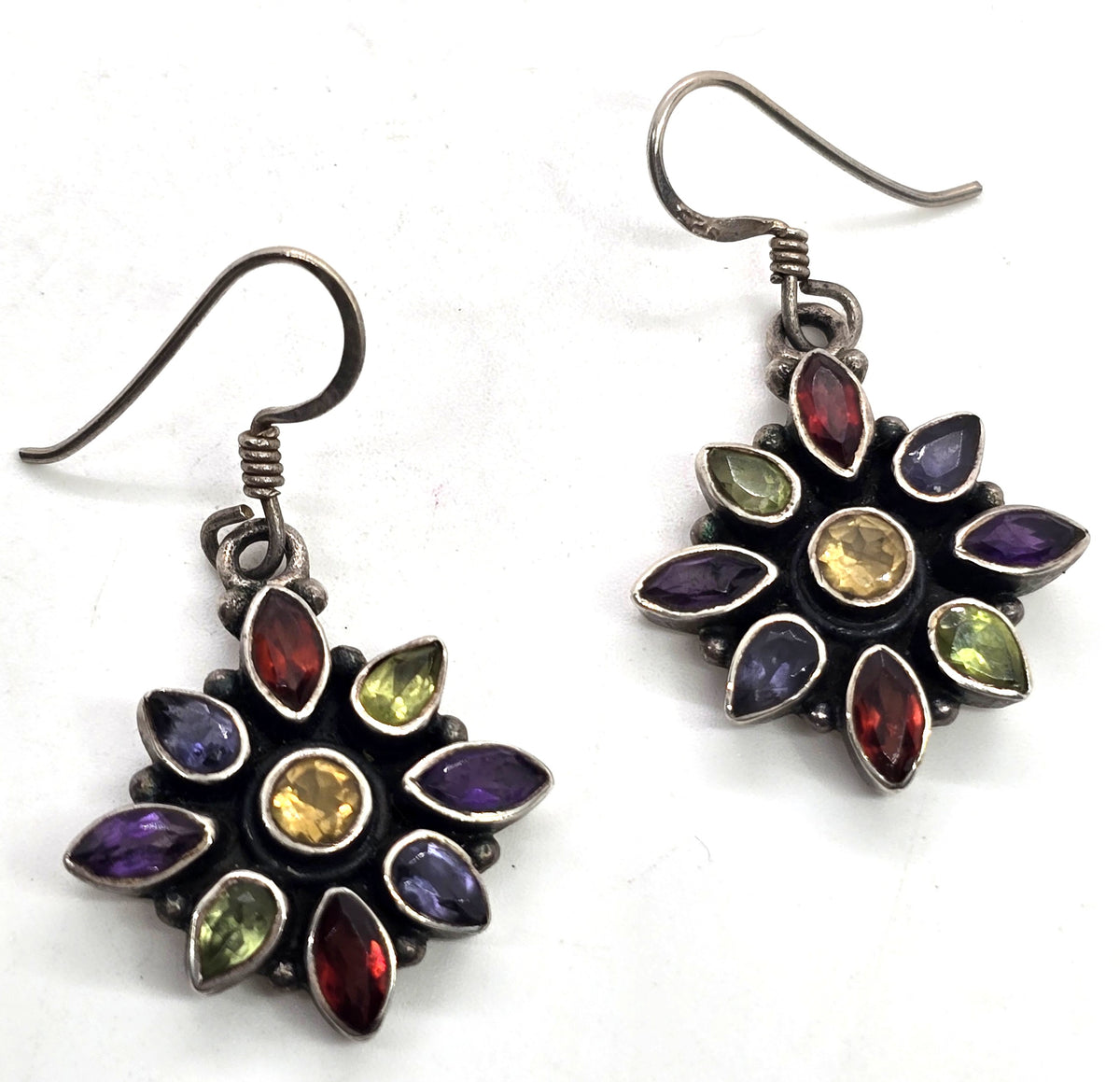 Large multi gemstone mosaic vintage flower sterling silver earrings