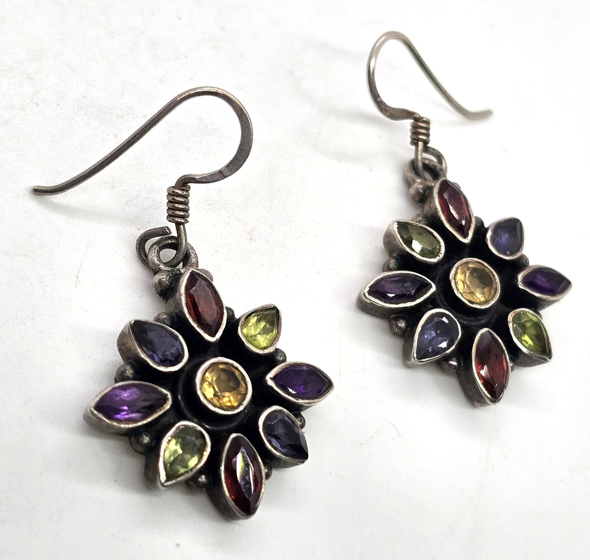 Large multi gemstone mosaic vintage flower sterling silver earrings