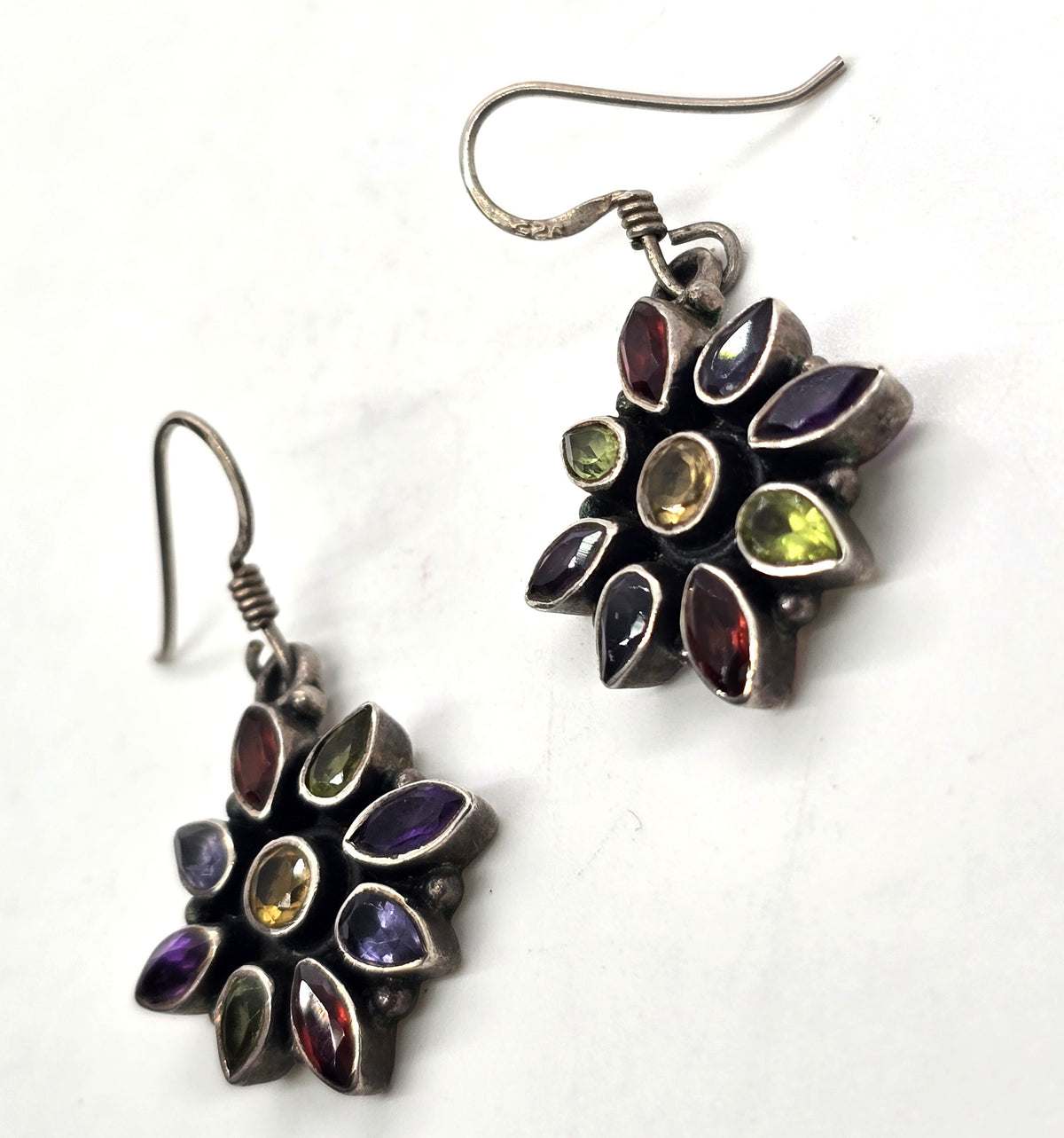 Large multi gemstone mosaic vintage flower sterling silver earrings