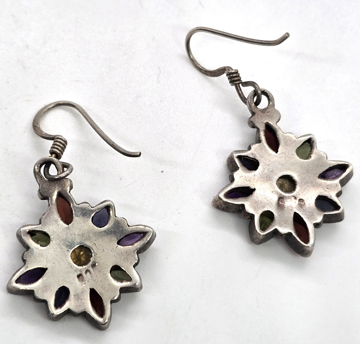 Large multi gemstone mosaic vintage flower sterling silver earrings