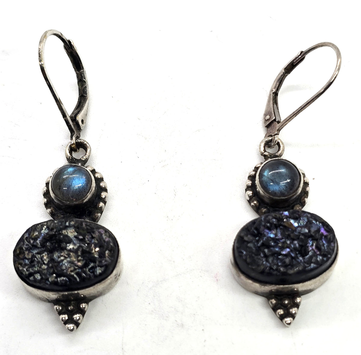 Black titanium druzy quartz labradorite gemstone sterling silver earrings