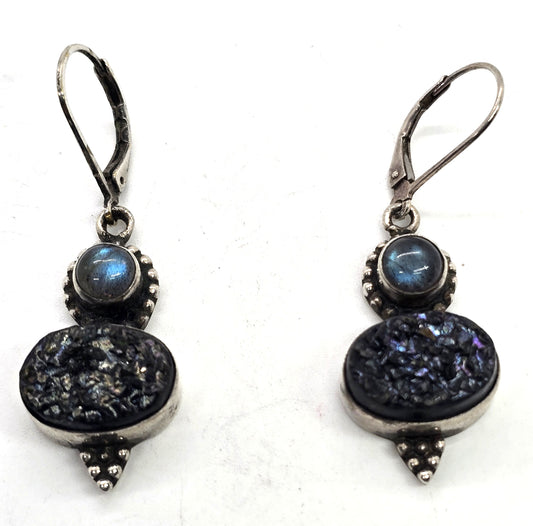 Black titanium druzy quartz labradorite gemstone sterling silver earrings