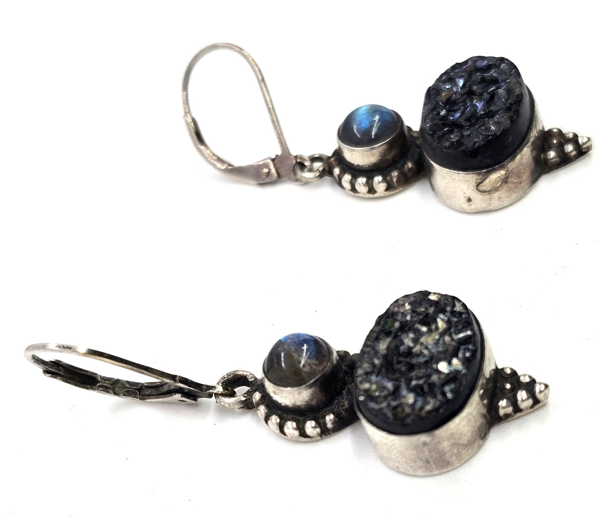 Black titanium druzy quartz labradorite gemstone sterling silver earrings