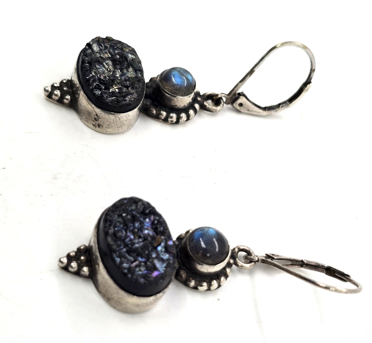 Black titanium druzy quartz labradorite gemstone sterling silver earrings