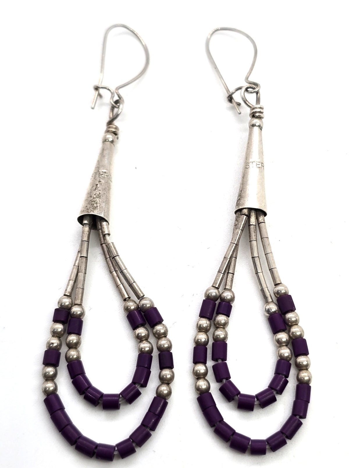 Liquid silver purple Heishi tube bead sterling silver vintage earrings