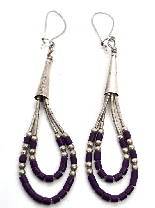 Liquid silver purple Heishi tube bead sterling silver vintage earrings
