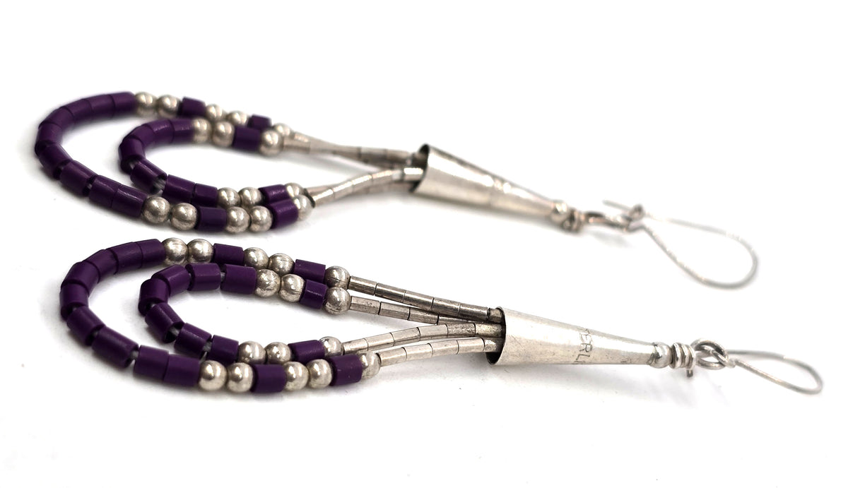 Liquid silver purple Heishi tube bead sterling silver vintage earrings