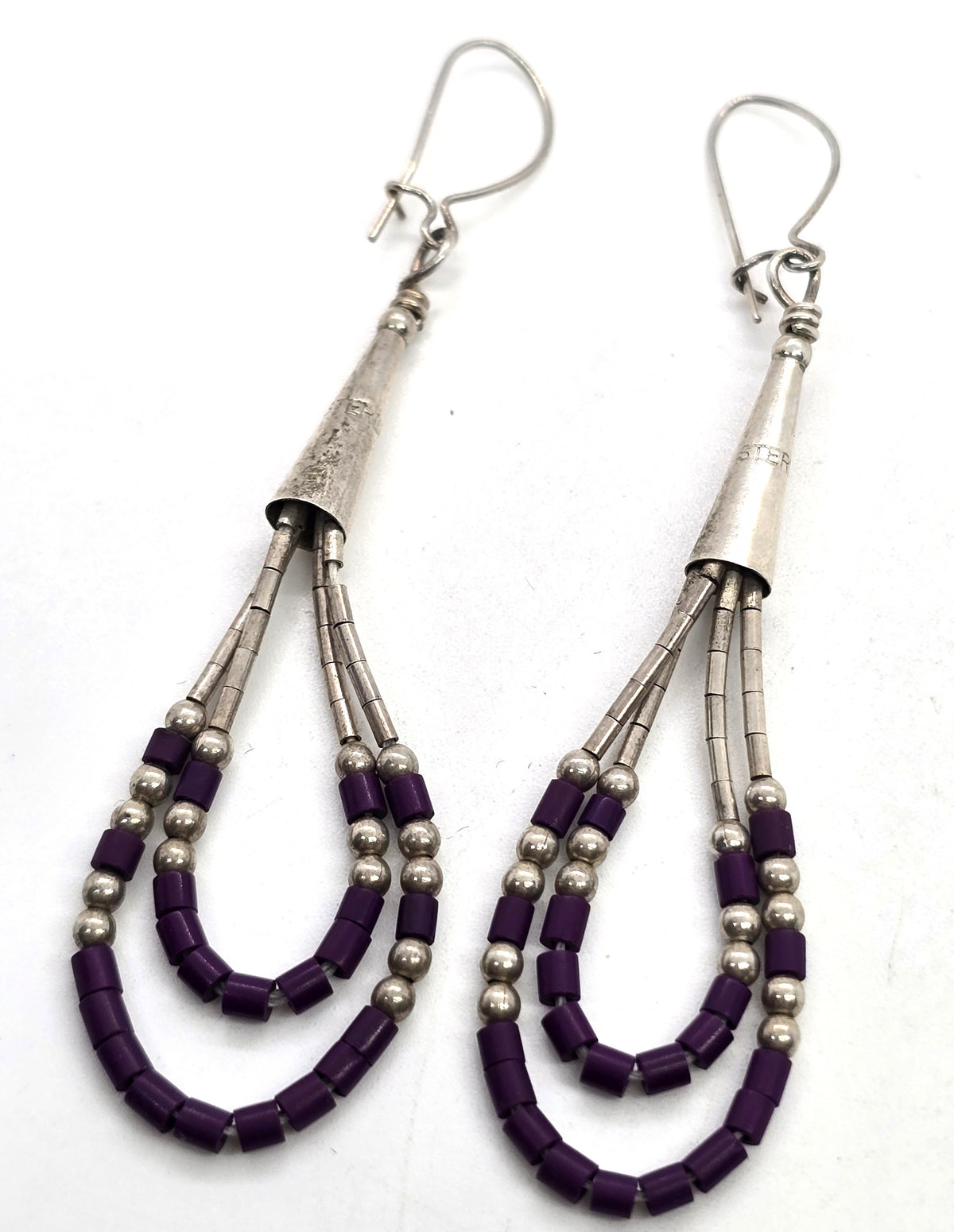 Liquid silver purple Heishi tube bead sterling silver vintage earrings