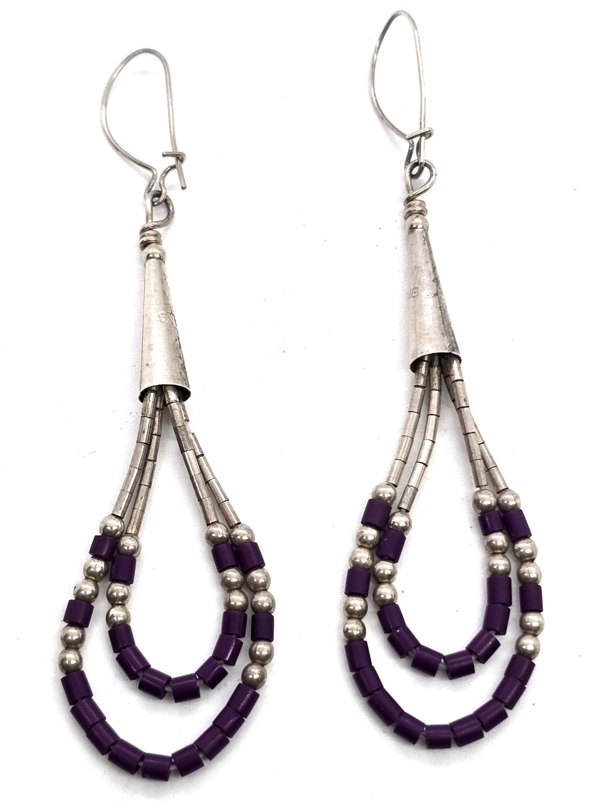 Liquid silver purple Heishi tube bead sterling silver vintage earrings