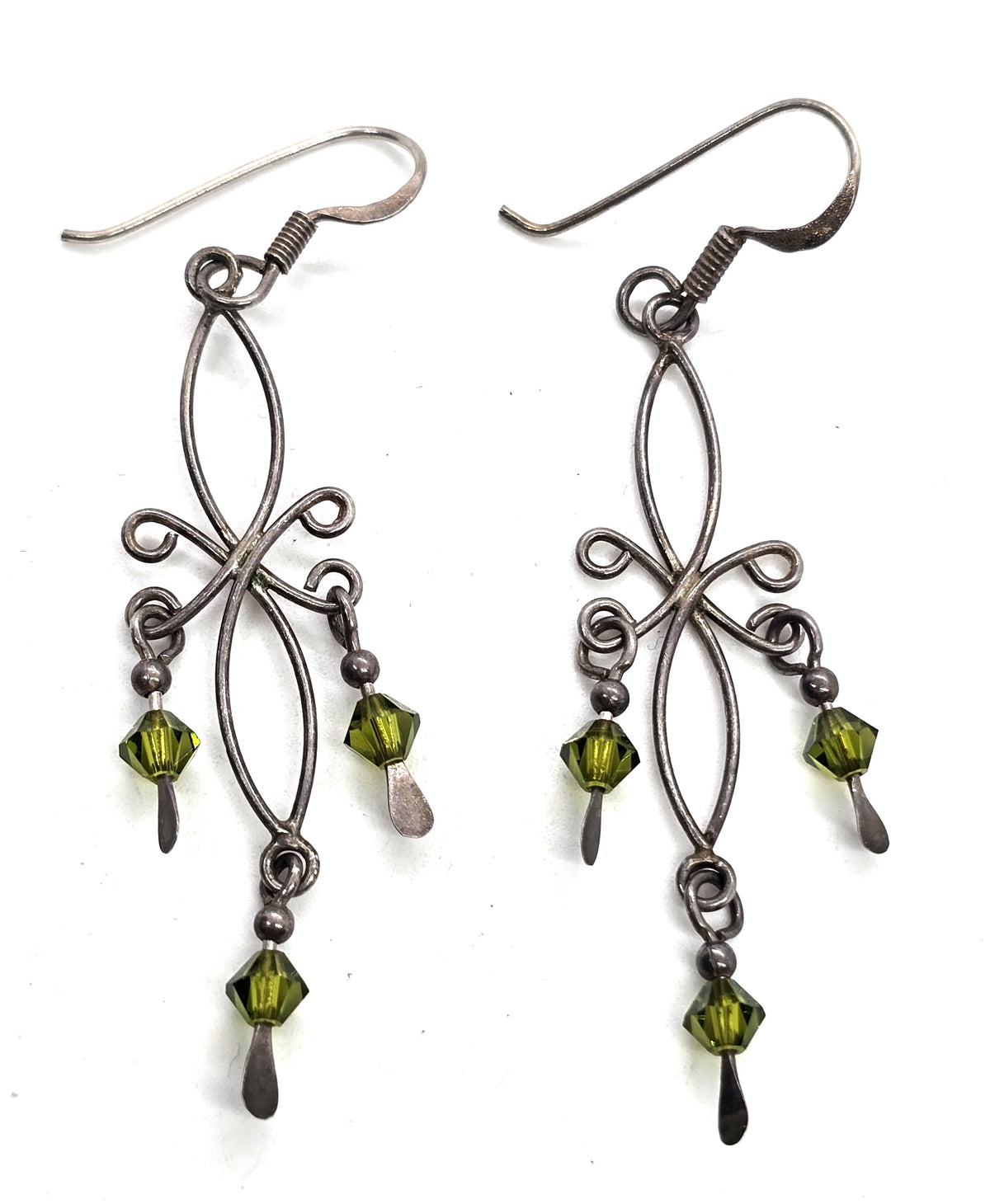 Tribal filigree green crystal bead vintage sterling silver earrings