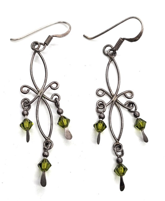 Tribal filigree green crystal bead vintage sterling silver earrings