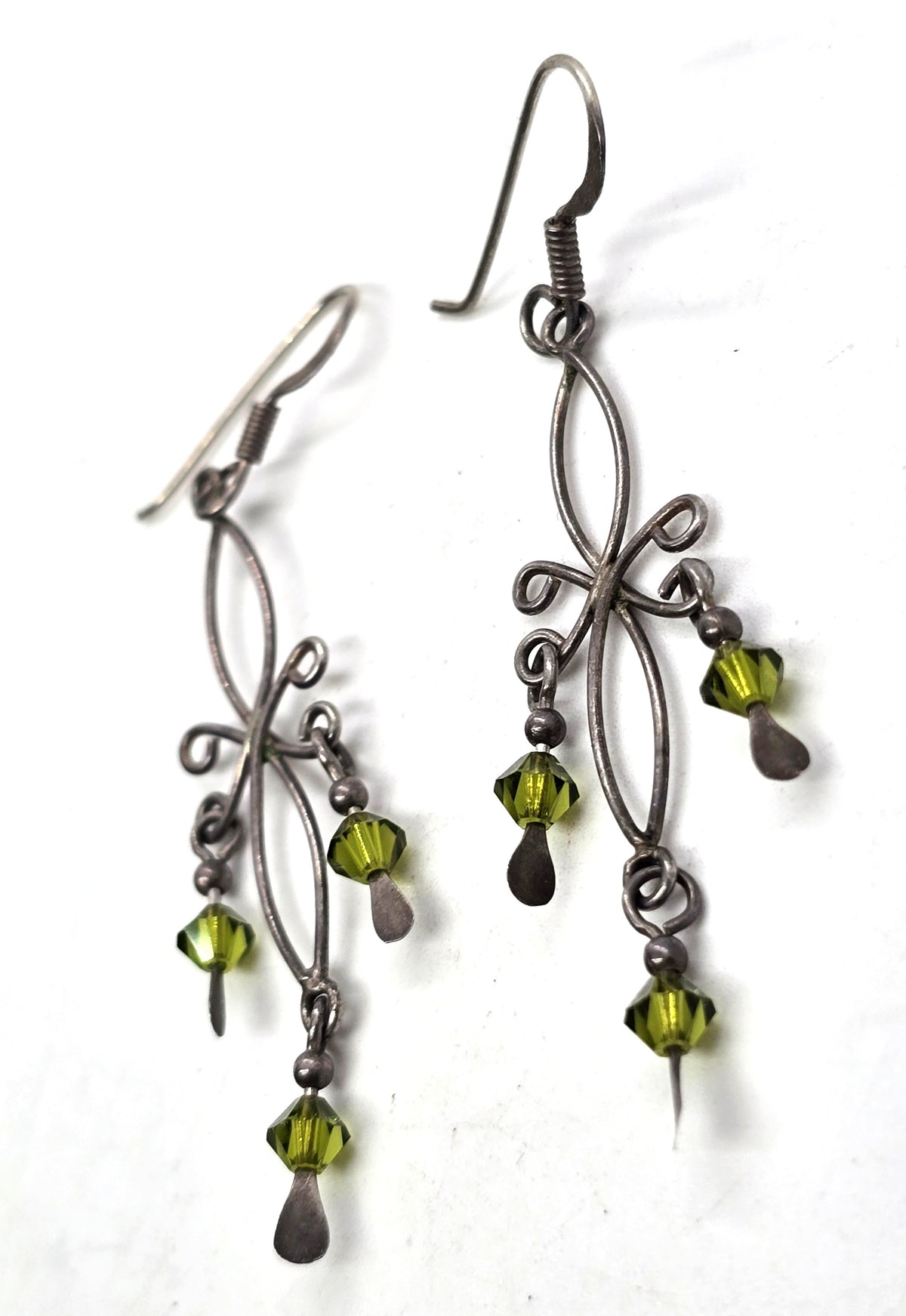 Tribal filigree green crystal bead vintage sterling silver earrings