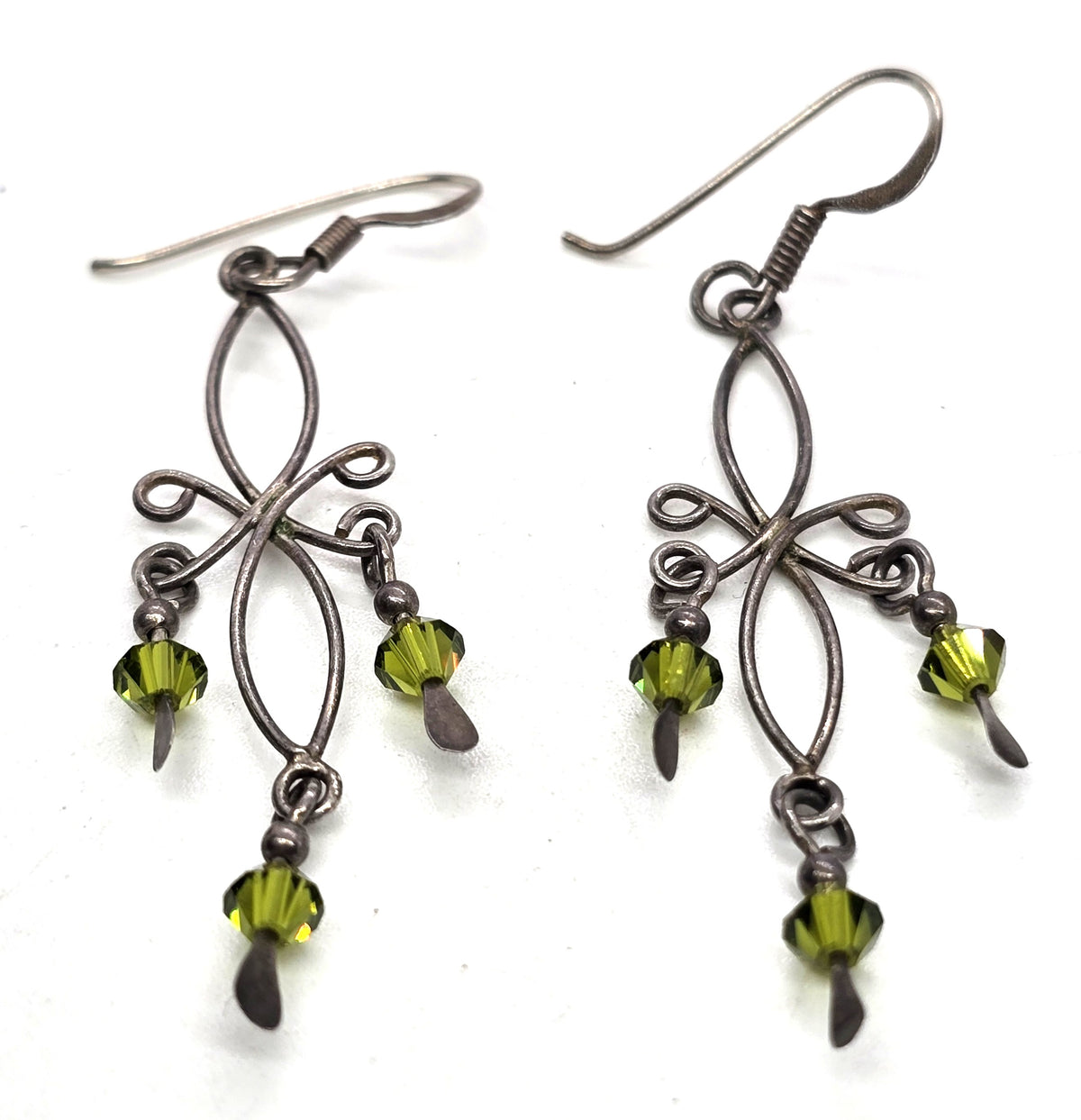 Tribal filigree green crystal bead vintage sterling silver earrings