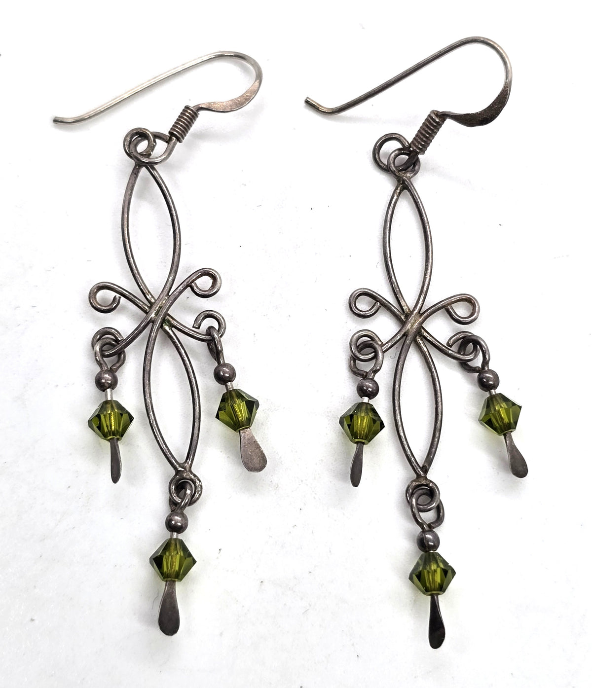 Tribal filigree green crystal bead vintage sterling silver earrings