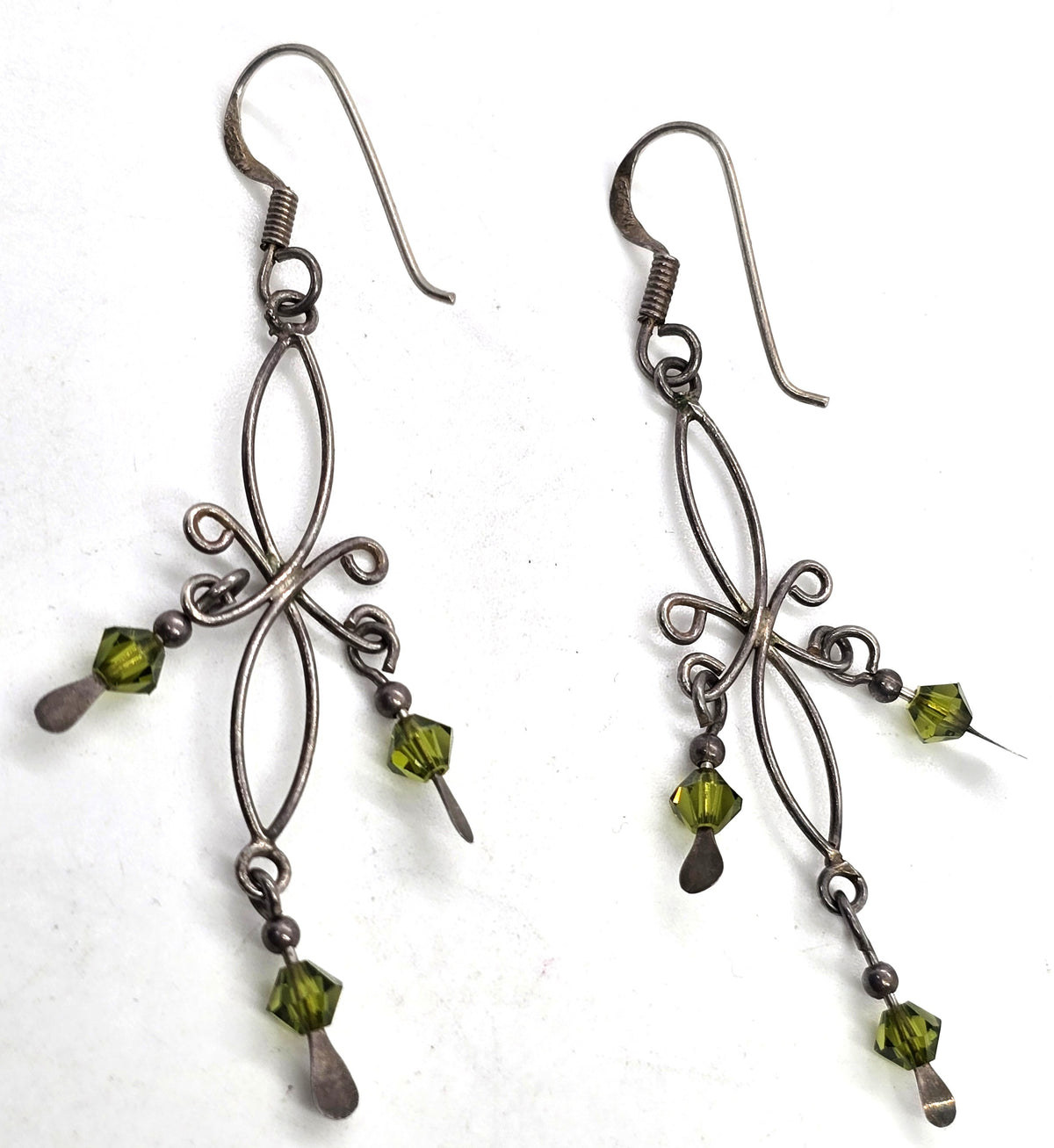 Tribal filigree green crystal bead vintage sterling silver earrings