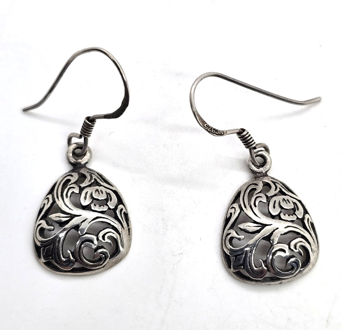 Retro open work filigree swirl cartouche vintage drop sterling silver earrings