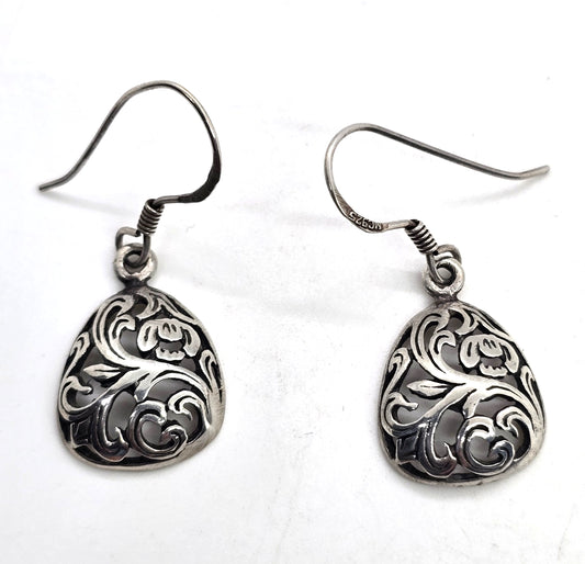 Retro open work filigree swirl cartouche vintage drop sterling silver earrings