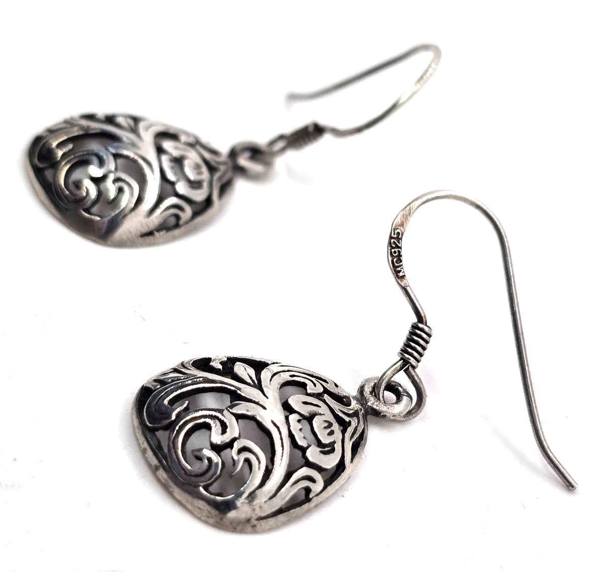 Retro open work filigree swirl cartouche vintage drop sterling silver earrings