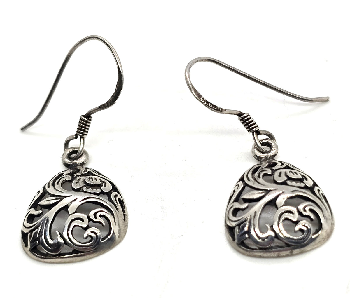 Retro open work filigree swirl cartouche vintage drop sterling silver earrings