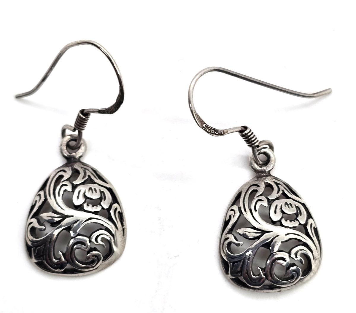 Retro open work filigree swirl cartouche vintage drop sterling silver earrings