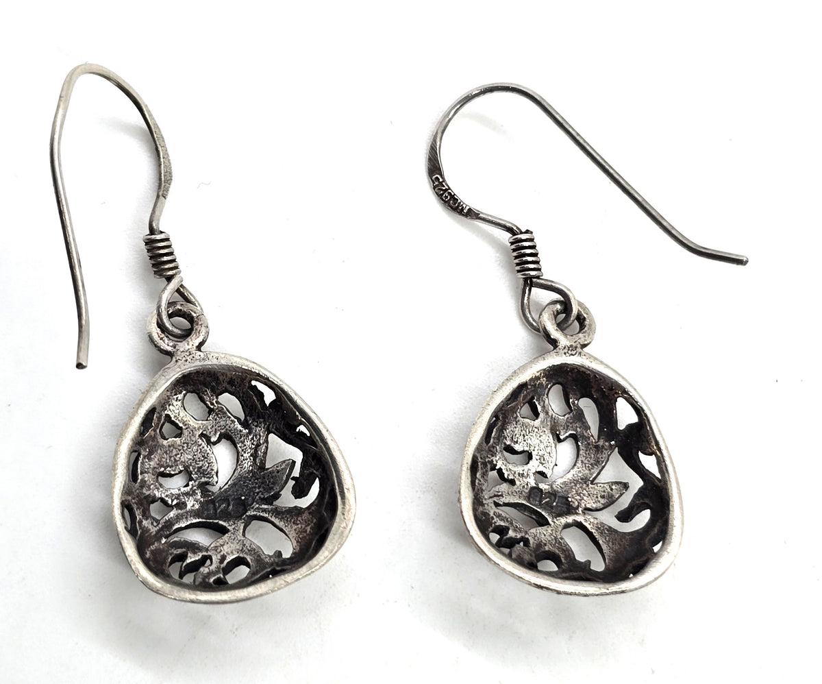 Retro open work filigree swirl cartouche vintage drop sterling silver earrings