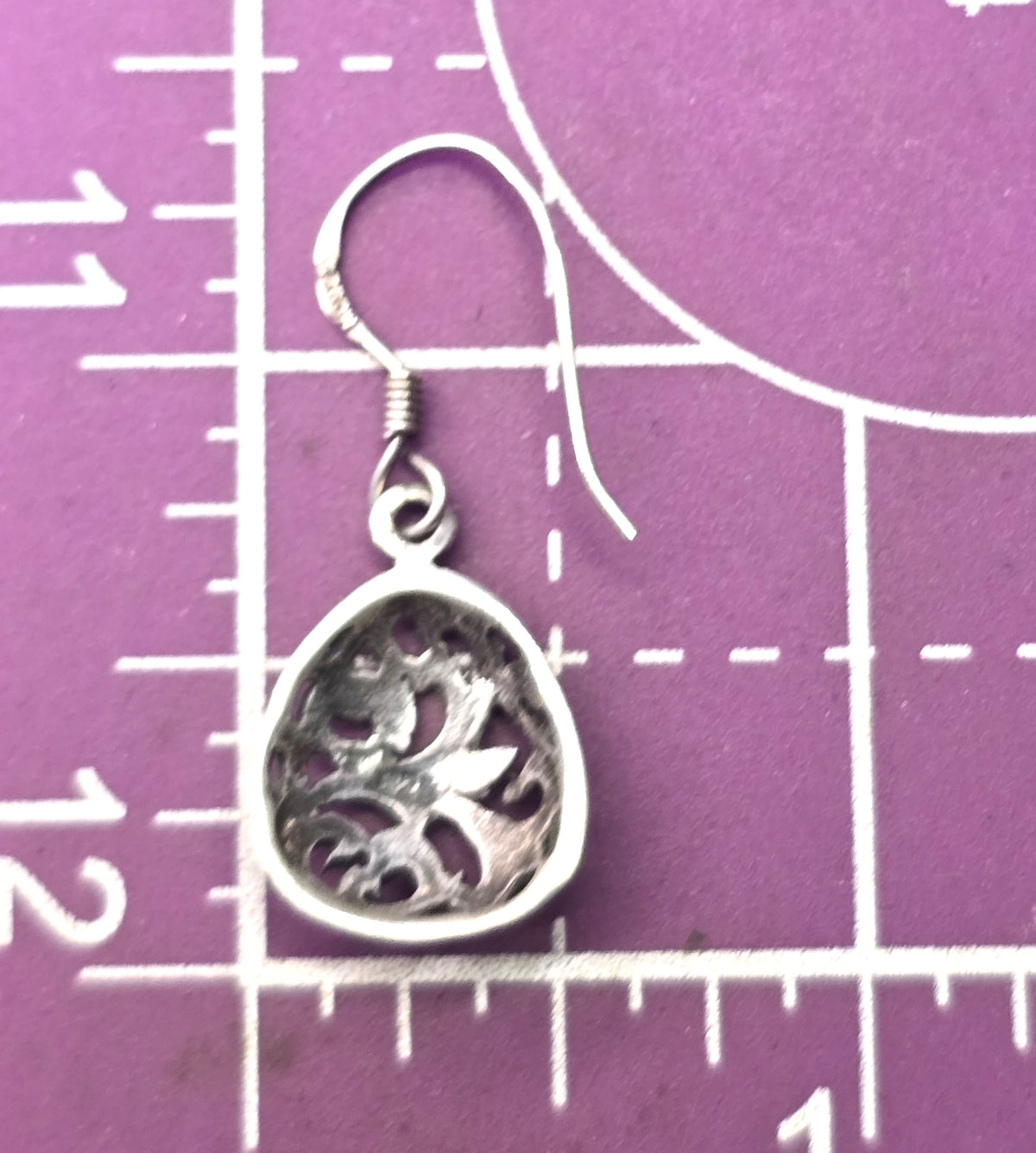 Retro open work filigree swirl cartouche vintage drop sterling silver earrings