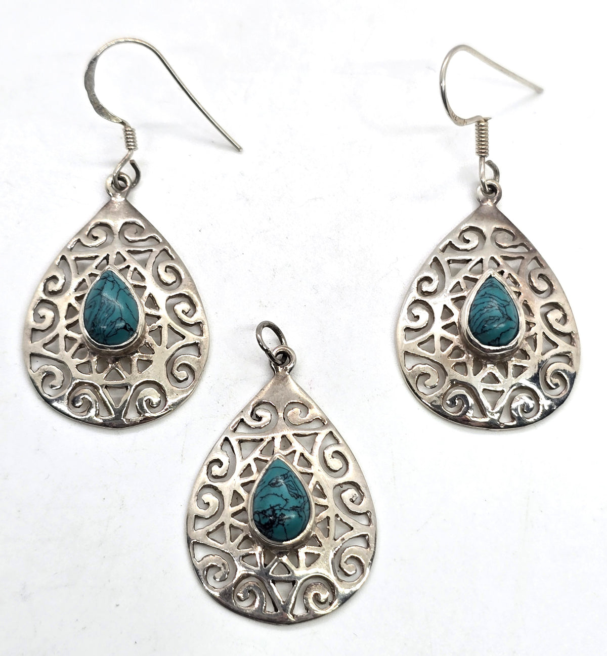 Filigree punched sterling silver dyed howlite pear drop earrings & pendant