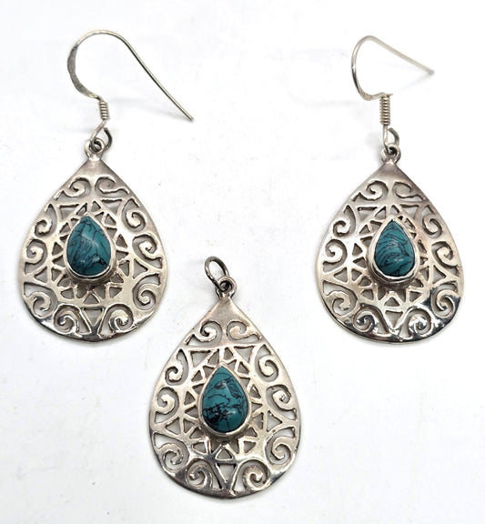 Filigree punched sterling silver dyed howlite pear drop earrings & pendant