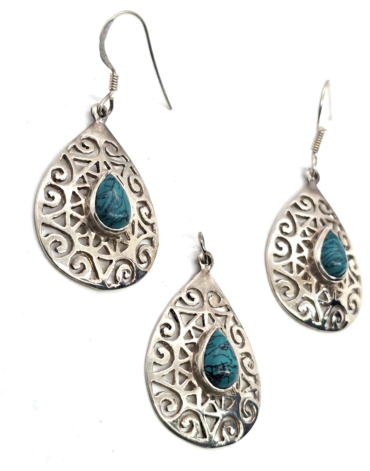 Filigree punched sterling silver dyed howlite pear drop earrings & pendant