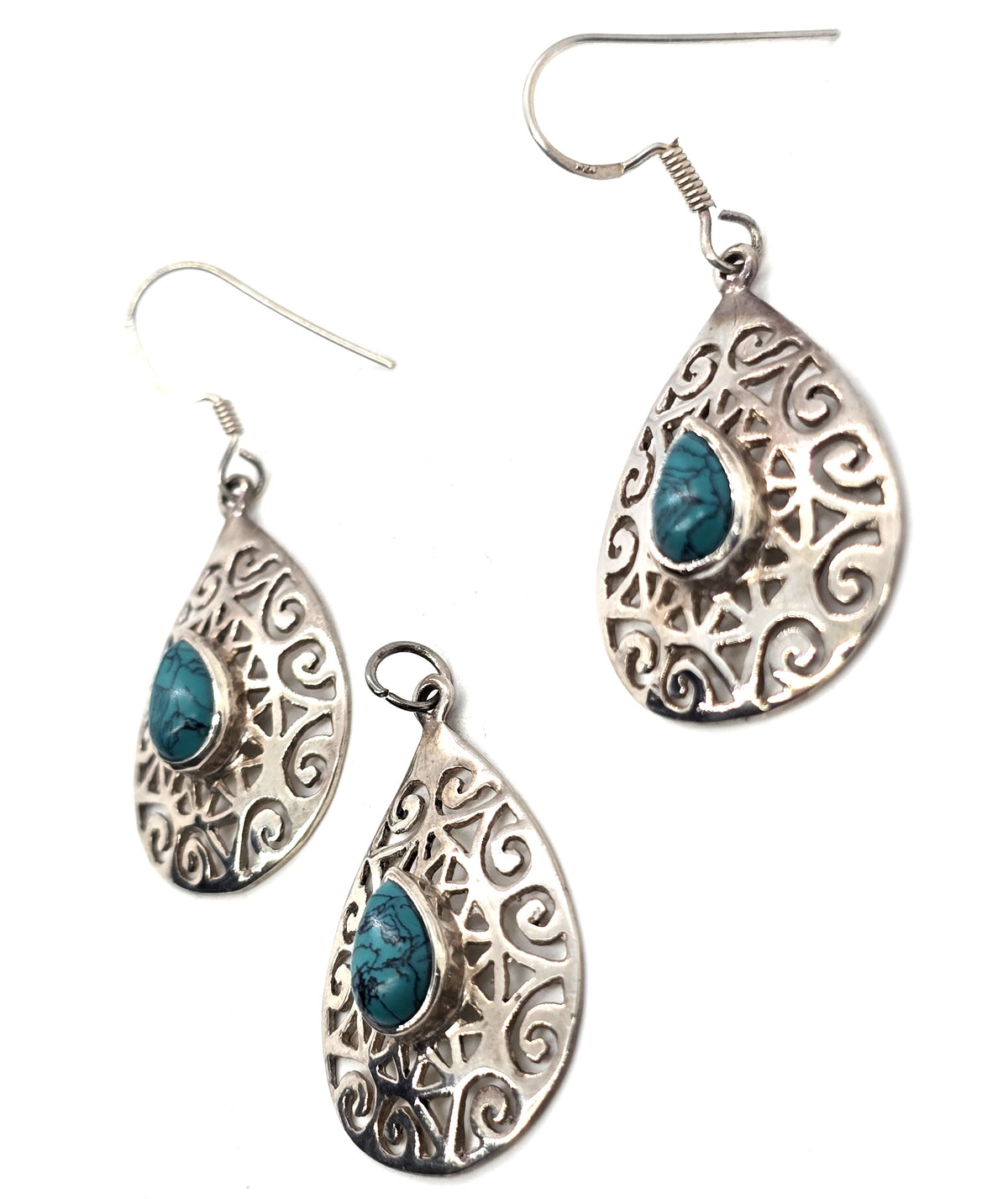 Filigree punched sterling silver dyed howlite pear drop earrings & pendant
