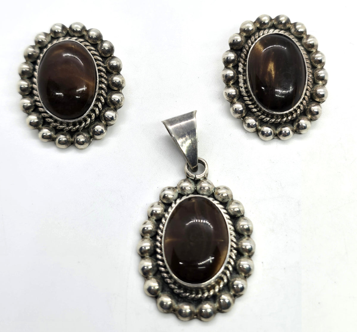 Petrified Wood Taxco Mexico TC-88 sterling silver vintage earrings & pendant