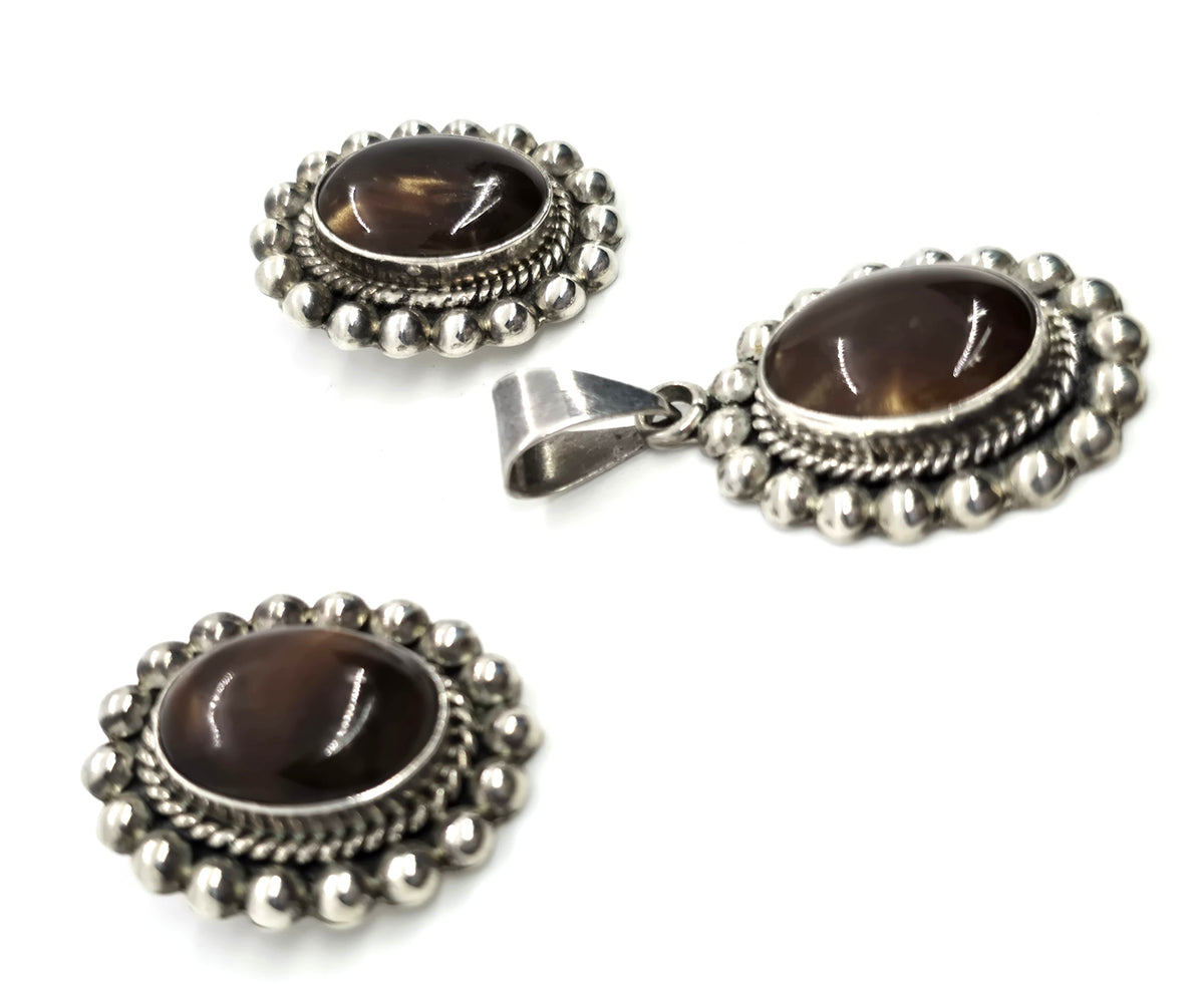 Petrified Wood Taxco Mexico TC-88 sterling silver vintage earrings & pendant