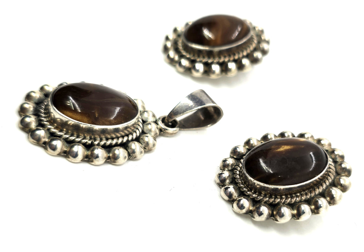 Petrified Wood Taxco Mexico TC-88 sterling silver vintage earrings & pendant