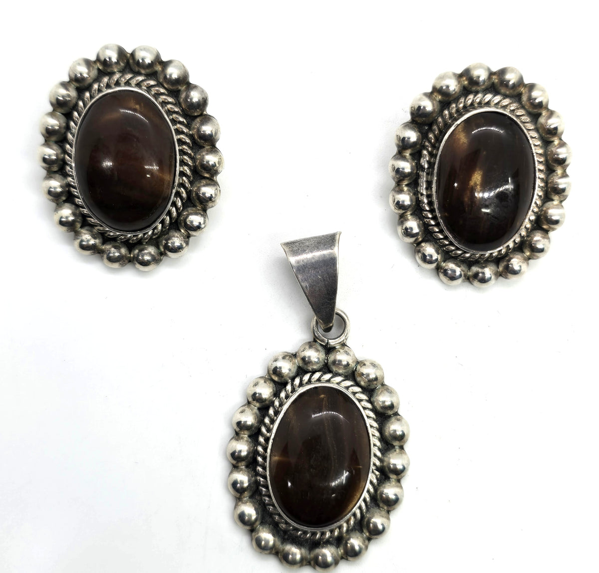 Petrified Wood Taxco Mexico TC-88 sterling silver vintage earrings & pendant