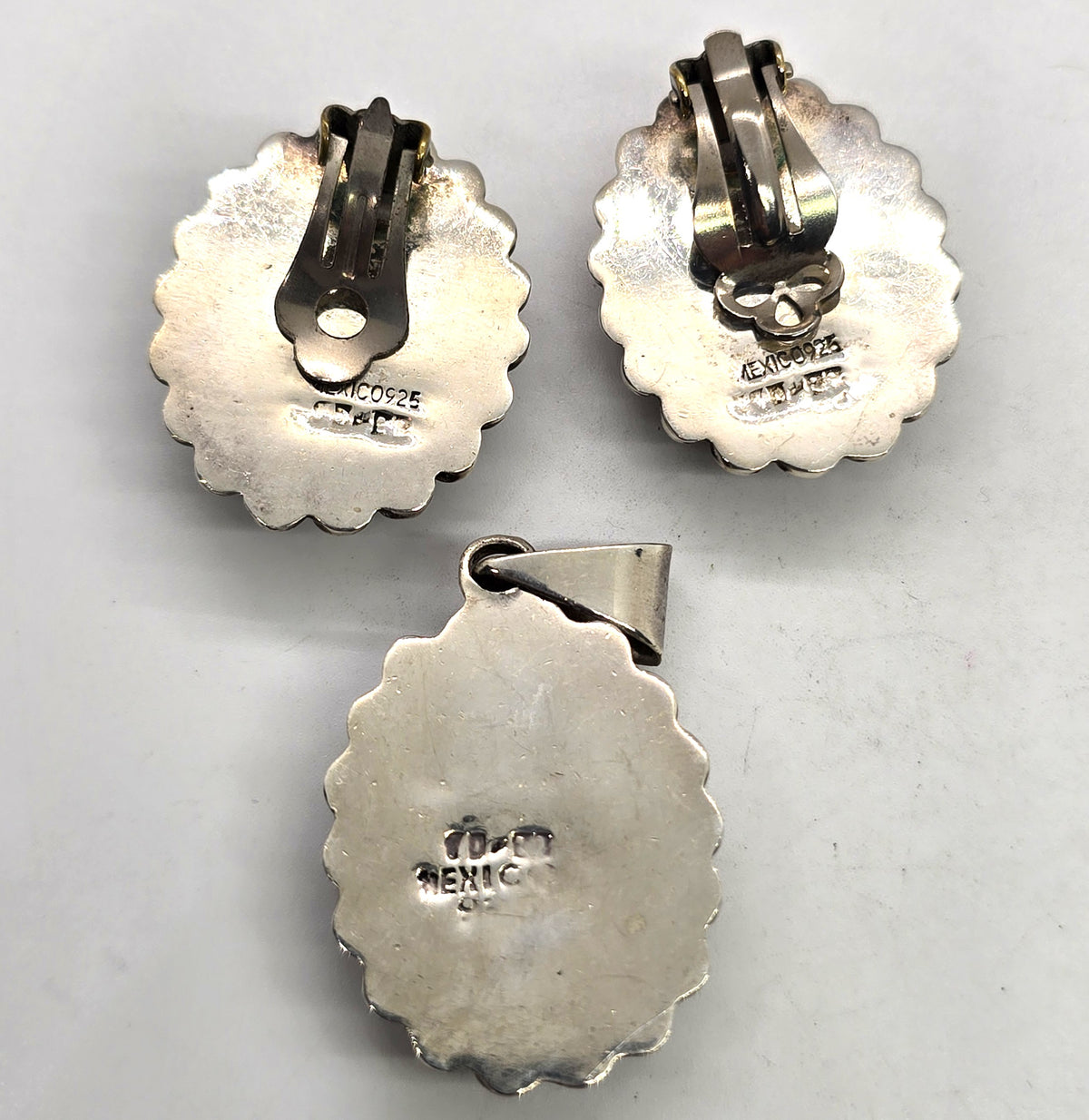Petrified Wood Taxco Mexico TC-88 sterling silver vintage earrings & pendant