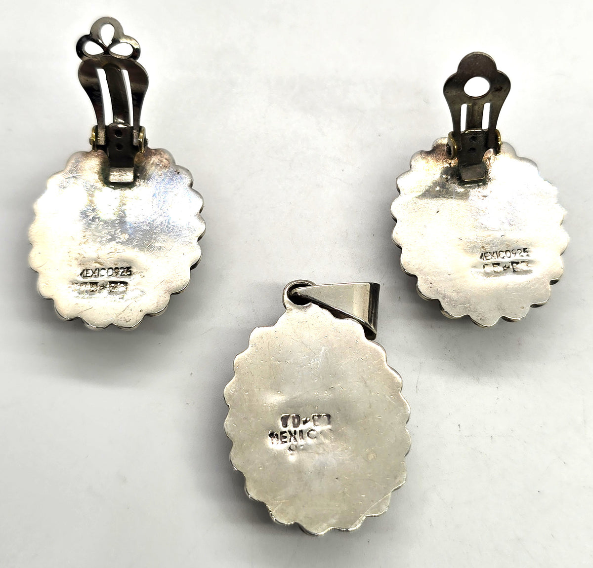 Petrified Wood Taxco Mexico TC-88 sterling silver vintage earrings & pendant