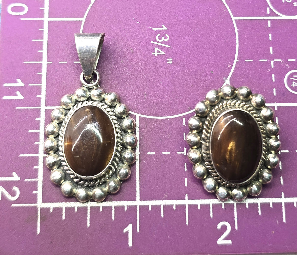 Petrified Wood Taxco Mexico TC-88 sterling silver vintage earrings & pendant