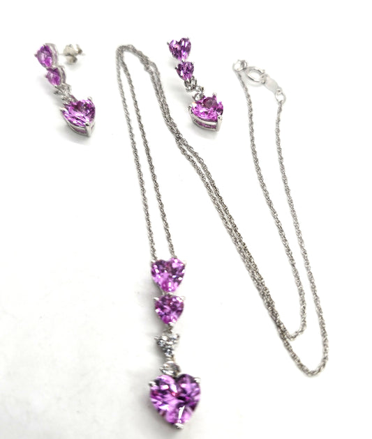 Zales Pink Sapphire heart white sapphire sterling silver earrings necklace set RETIRED