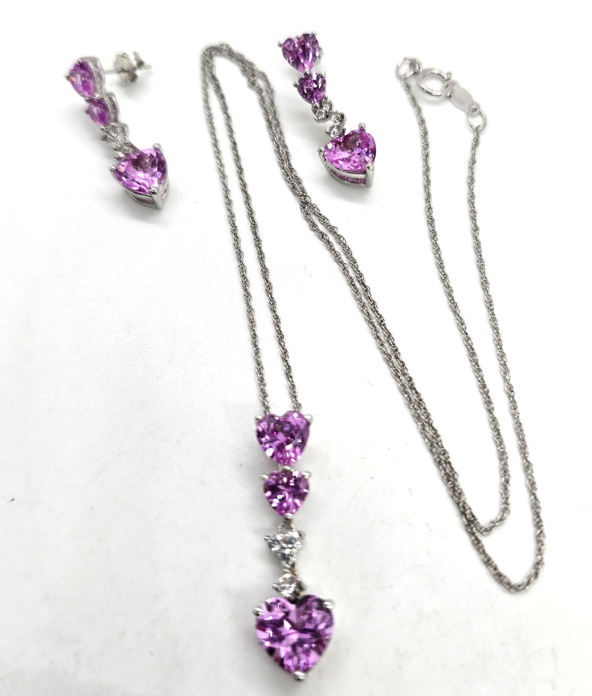 Zales Pink Sapphire heart white sapphire sterling silver earrings necklace set RETIRED