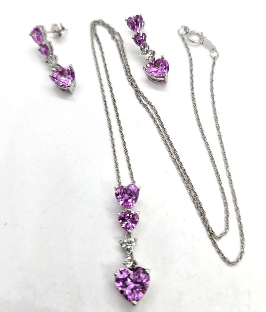 Zales Pink Sapphire heart white sapphire sterling silver earrings necklace set RETIRED