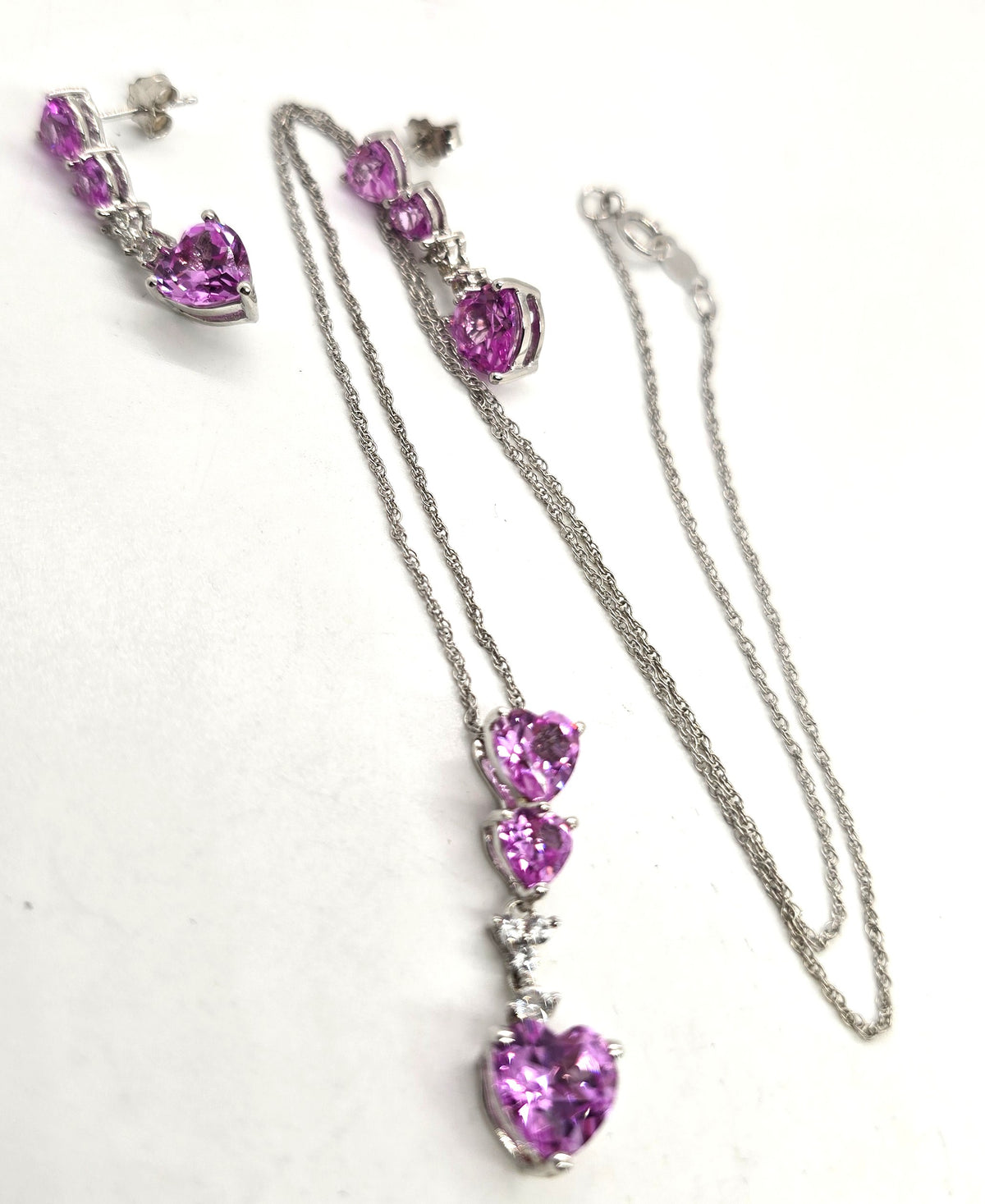 Zales Pink Sapphire heart white sapphire sterling silver earrings necklace set RETIRED
