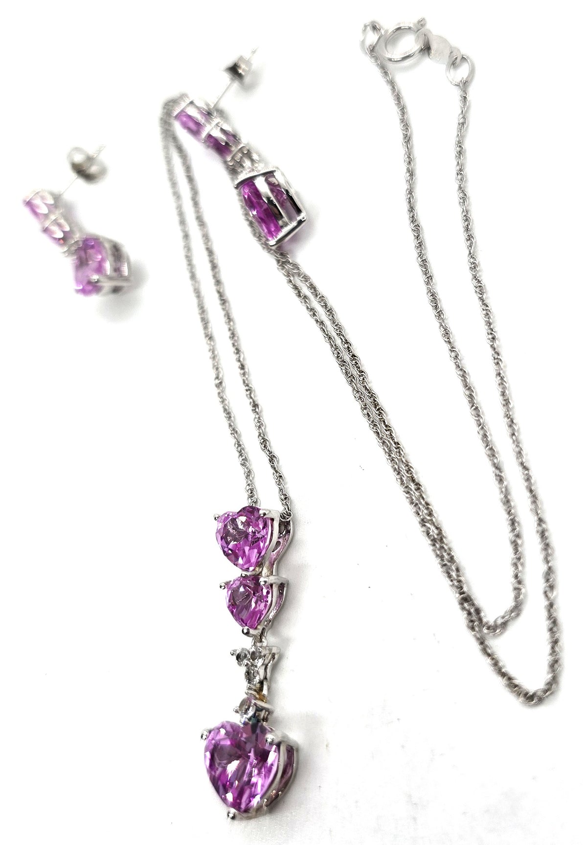 Zales Pink Sapphire heart white sapphire sterling silver earrings necklace set RETIRED