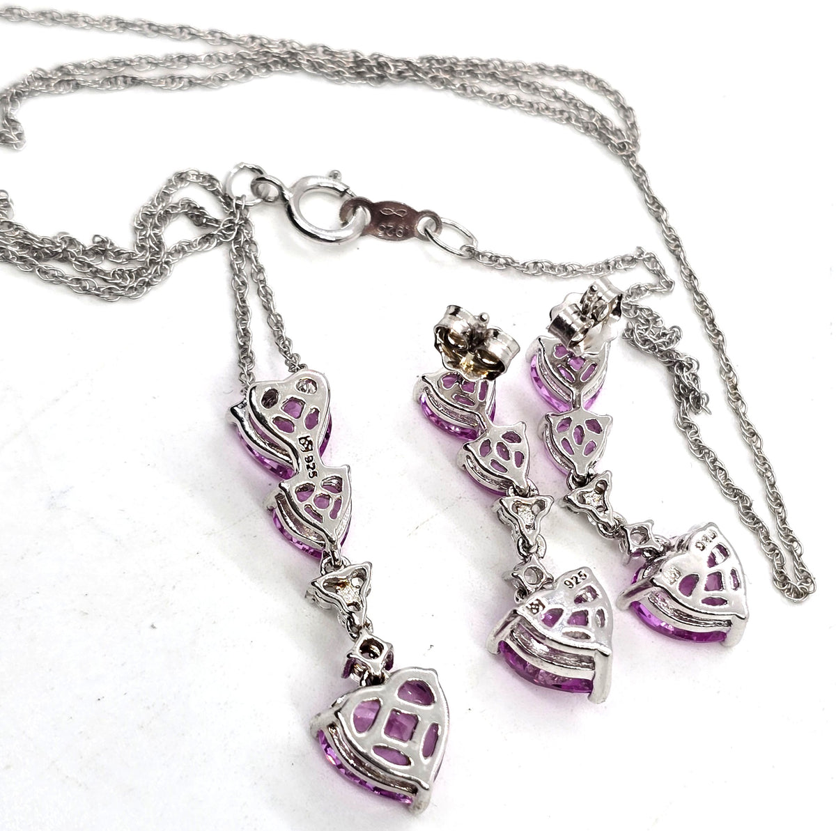 Zales Pink Sapphire heart white sapphire sterling silver earrings necklace set RETIRED
