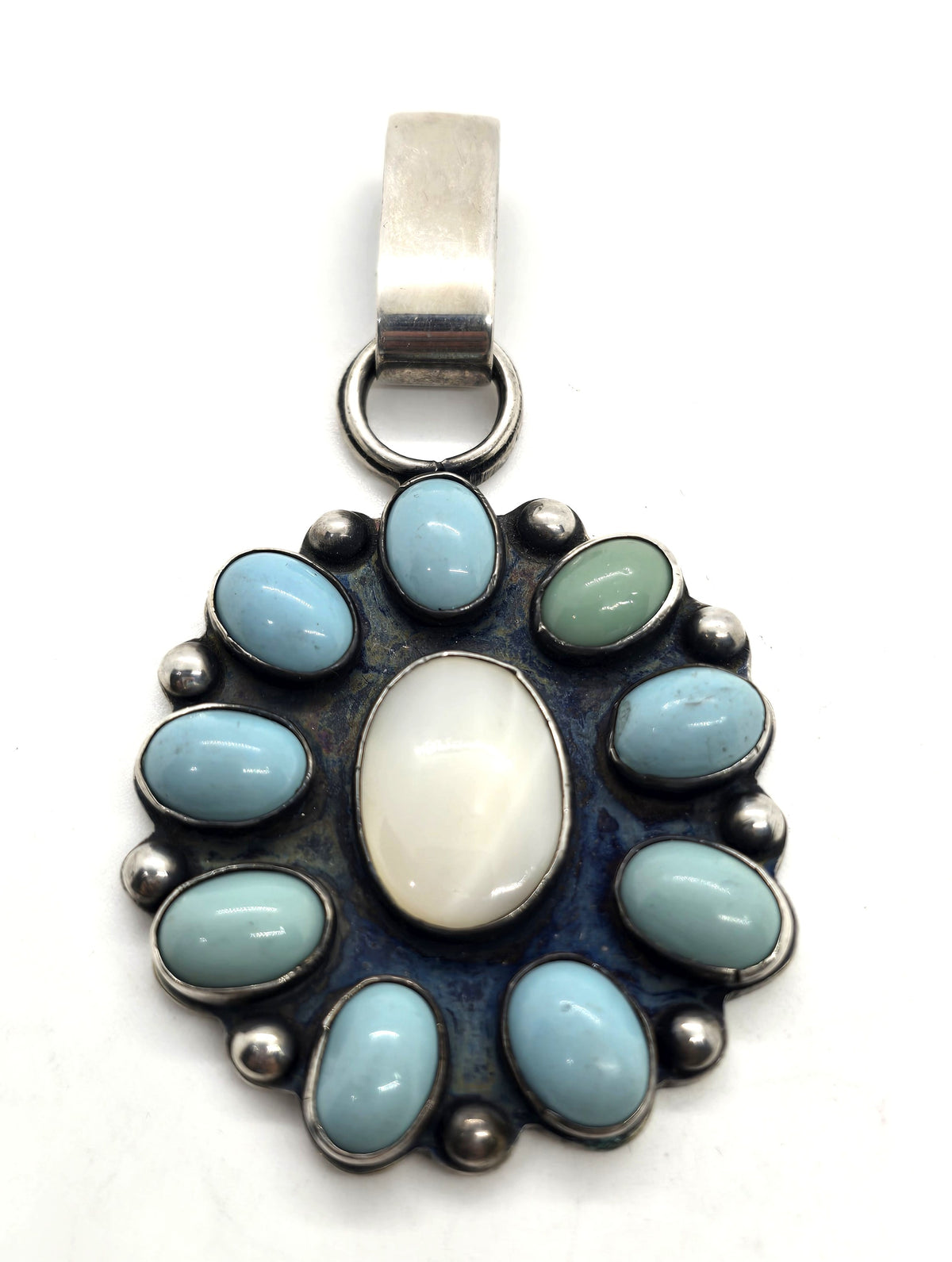 Turquoise Mother of Pearl MOP sterling silver Southwestern artisan pendant *Chip*