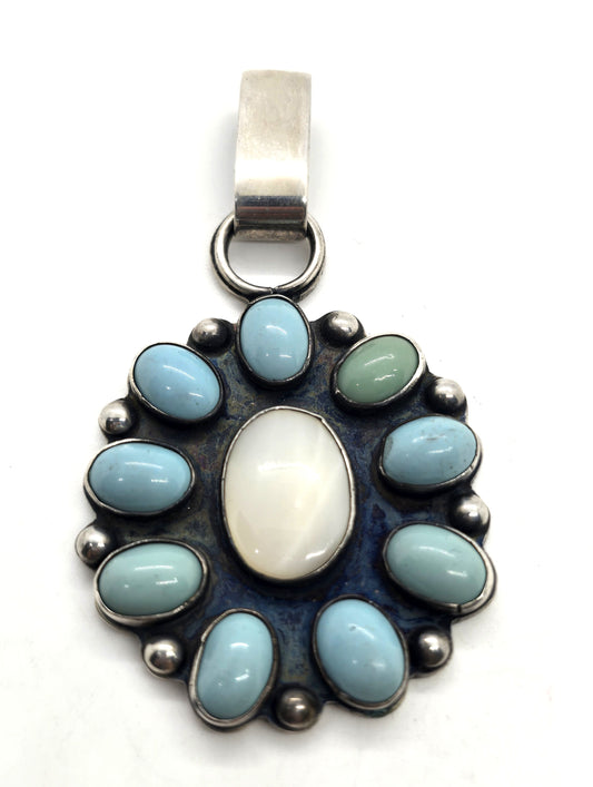 Turquoise Mother of Pearl MOP sterling silver Southwestern artisan pendant *Chip*