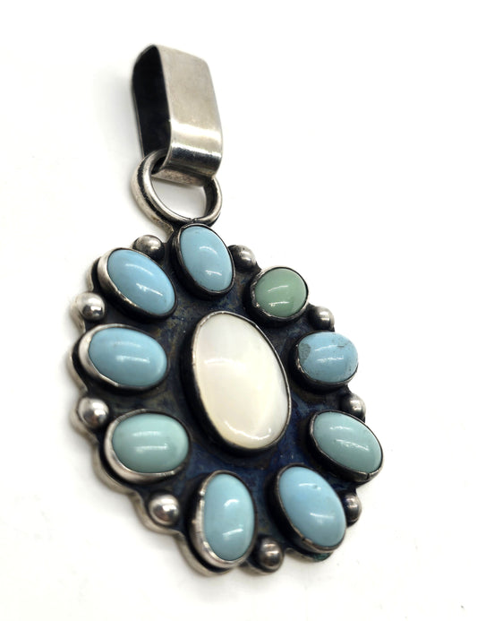Turquoise Mother of Pearl MOP sterling silver Southwestern artisan pendant *Chip*